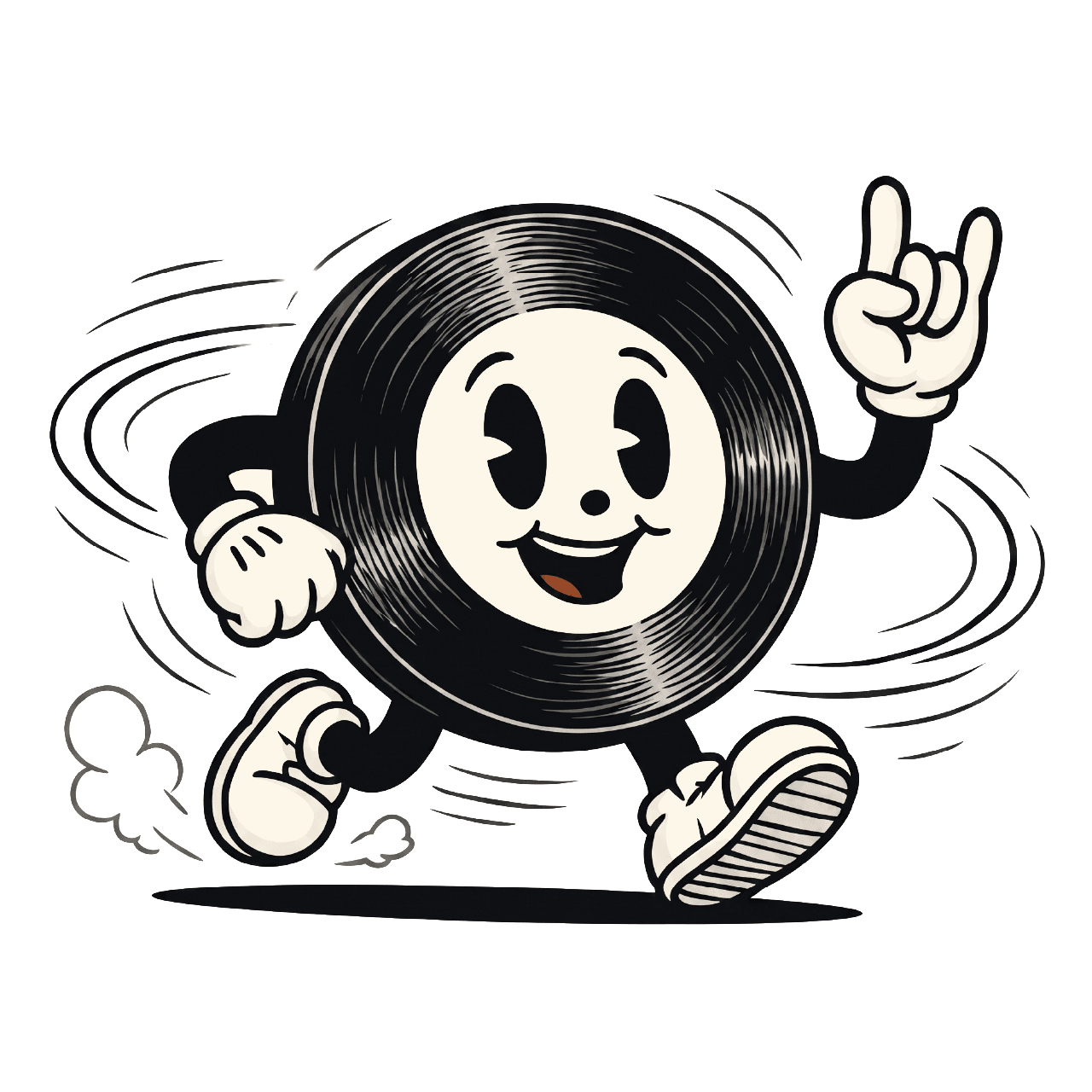 Mascota del Día del Vinilo: un disco de vinilo caminando, estilo cartoon vintage